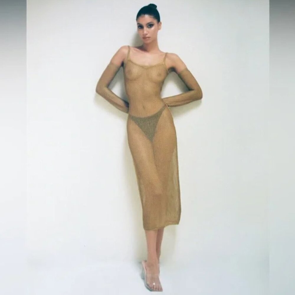 SUBSURFACE EXCLUSIVE GOLDEN TAN CHAINMAIL OPEN KNIT MIDI DRESS COVER UP M $295